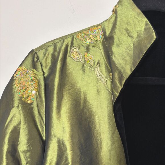 Iridescent Green Satin Velvet Jacket Embroidered Reversible Floral Women L MotB - Picture 2 of 11